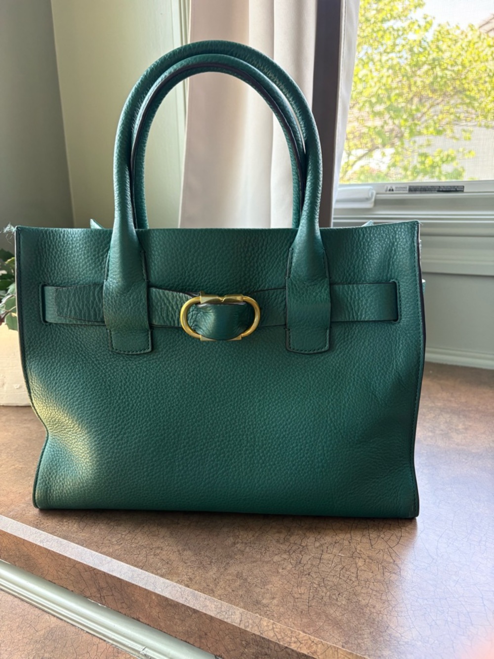 Tory Burch Emerald Green Pebbled Leather Satchel with Gold Hardware